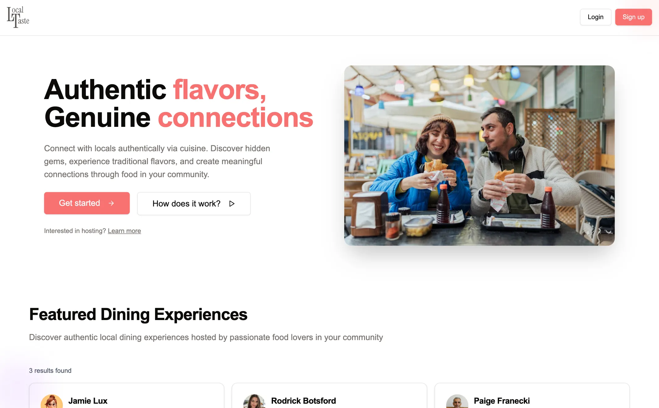 Local Taste homepage featuring local dining experiences and hosts