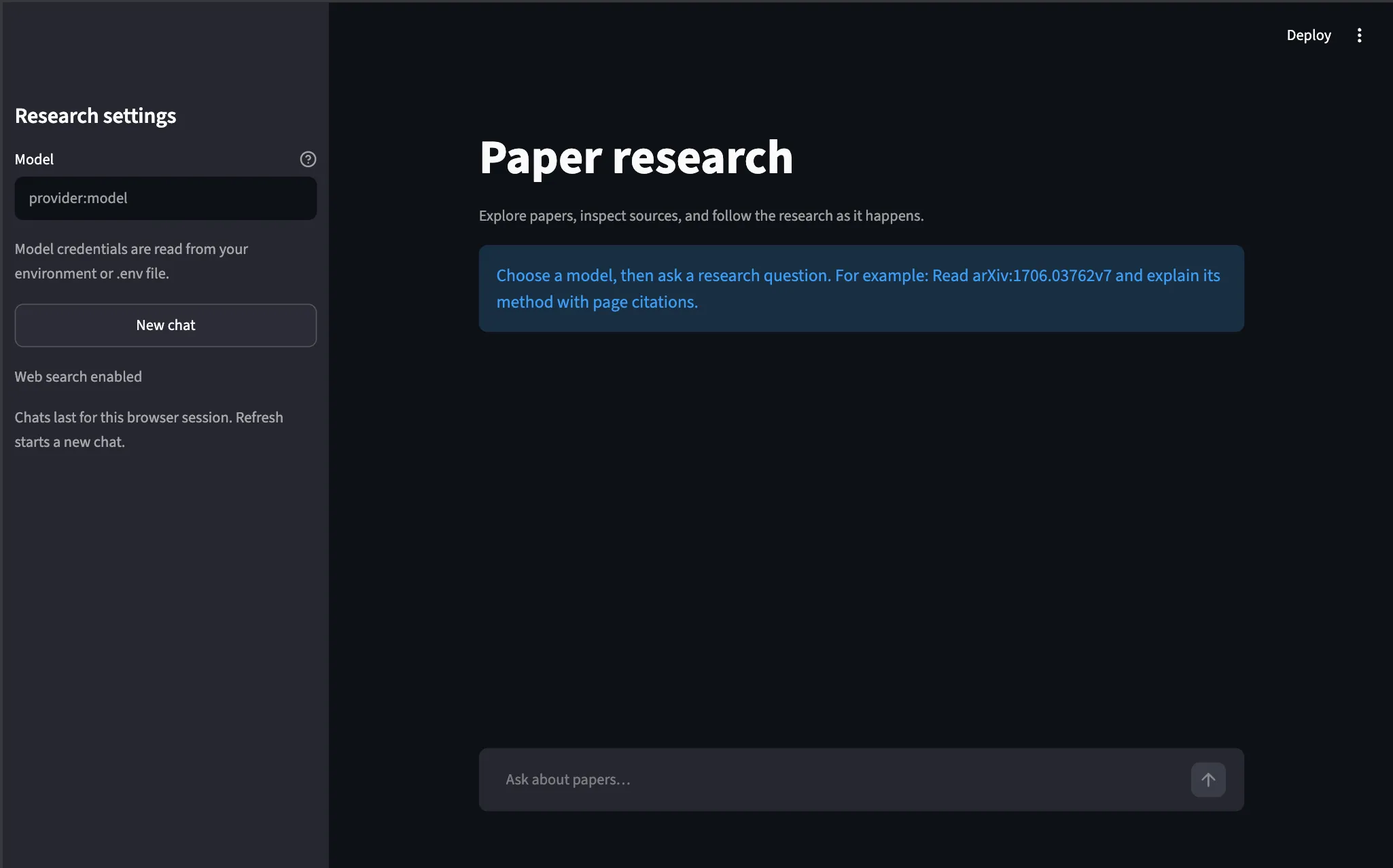 Paper Research chat with model settings and a prompt for asking research questions