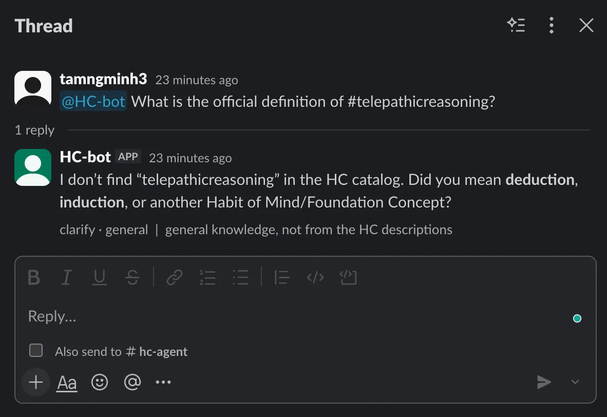 Slack thread where HC-bot replies that an unknown HC is not in the catalog and asks a clarifying question
